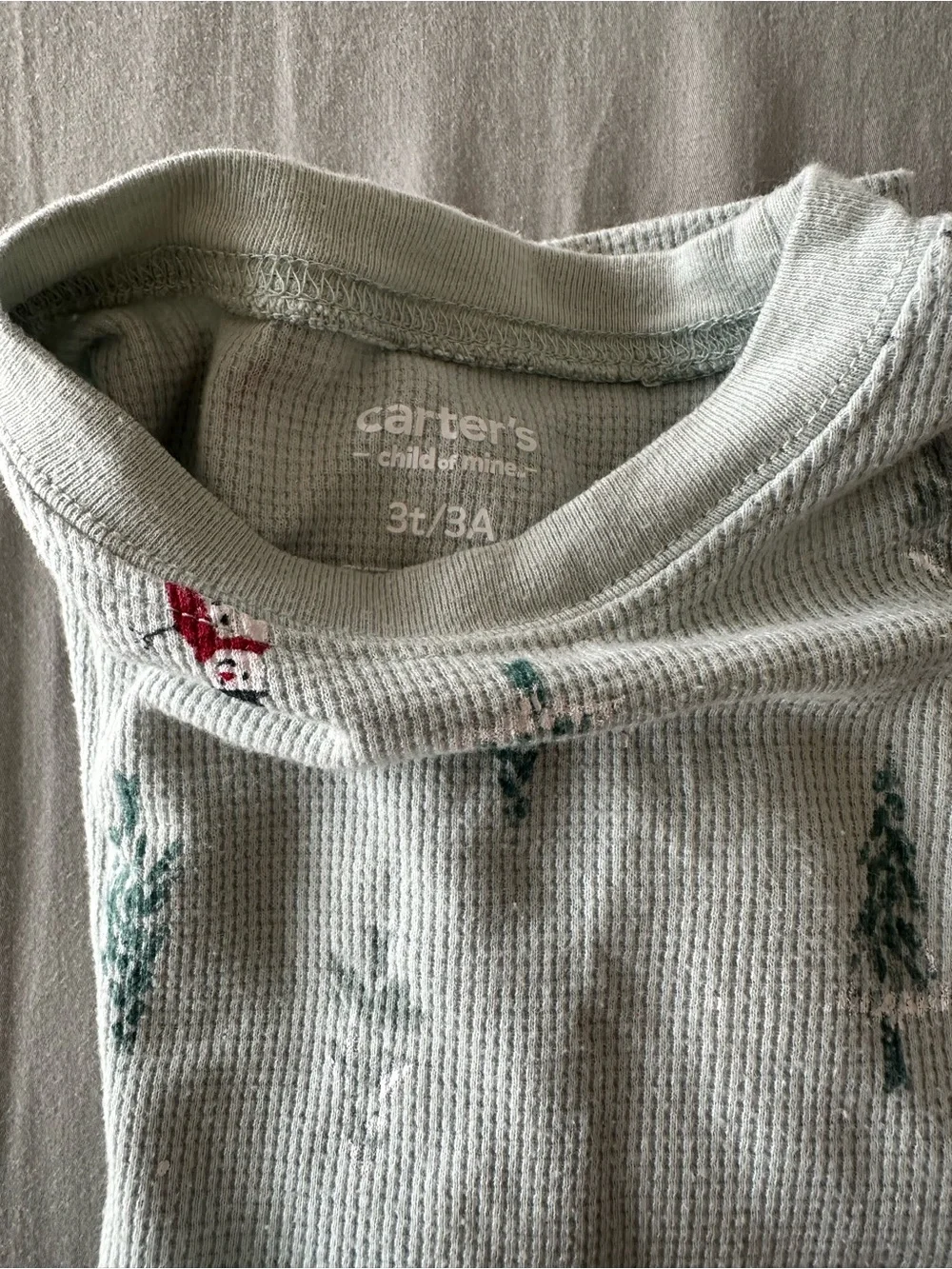 Carters waffle knit  Thermal Pajama Set in Light Green with Christmas Tree Print